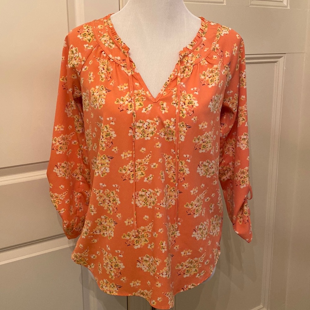 Lauren Conrad Peach Floral Blouse With Ruffle Collar  Size S